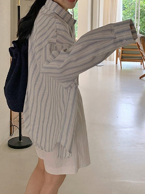 [Korean Style] Loose Fit Long Sleeve Stripe Button Down Shirt