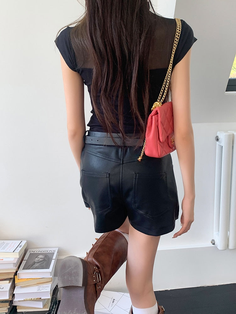 [Korean Style] Black Faux Leather Short Skort