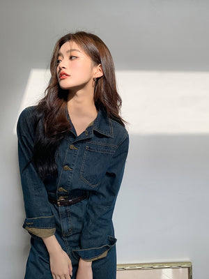 [Korean Style] Long Sleeve Single Breasted Denim Dress w/ Belt