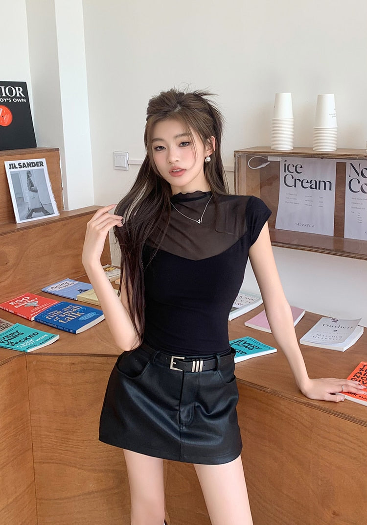 Korean Style] Black Faux Leather Short Skort – Ordicle