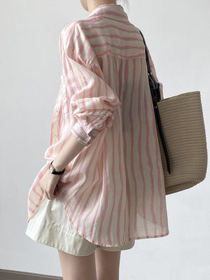 [Korean Style] 2 Colors Linen Striped Long-Sleeve Shirt
