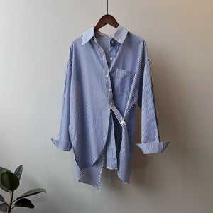[Korean Style] Blue Loose Fit Side Belted Striped Shirts