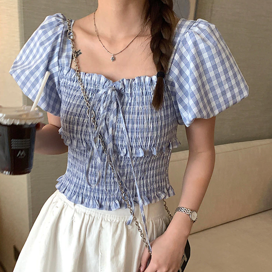 [Korean Style] Plaid Puff Sleeve Crop Tube Blouse Ordicle