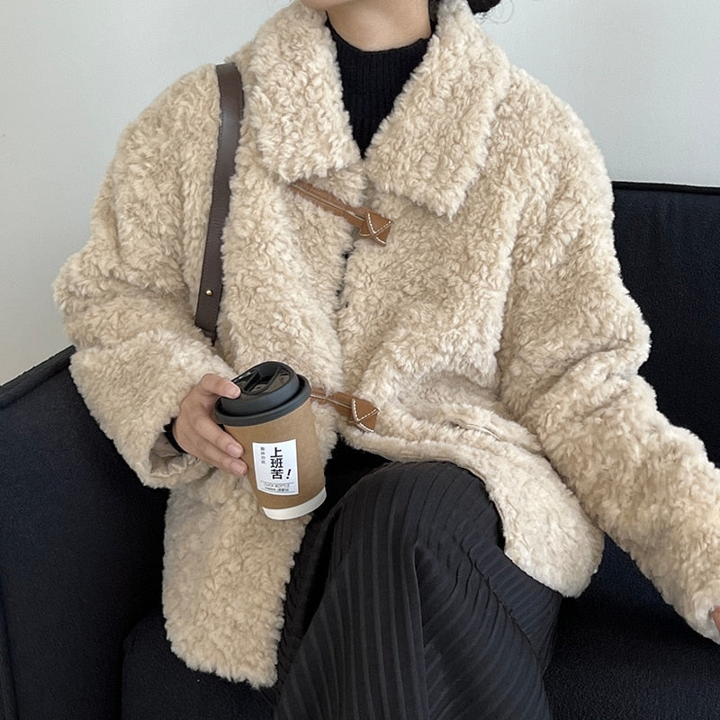 [Korean Style] Faux Lamb Fur Collared Duffle Coat