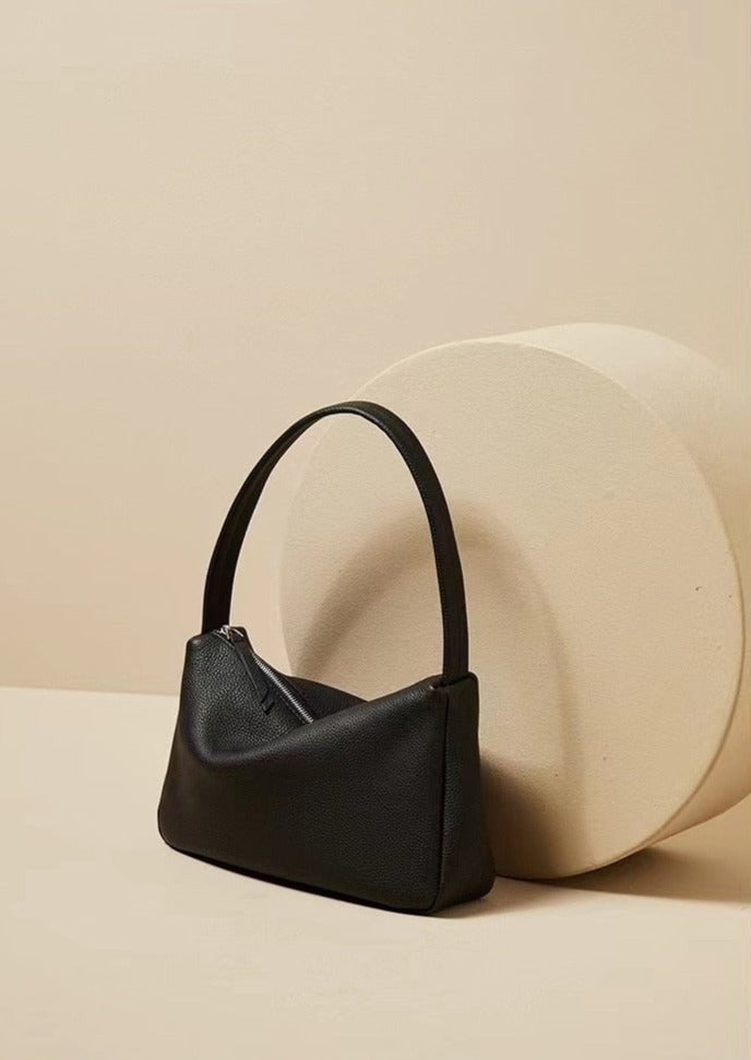 [Korean Style] Essie Soft Grained Genuine Leather Top Handle Mini Hobo Baguette Bag