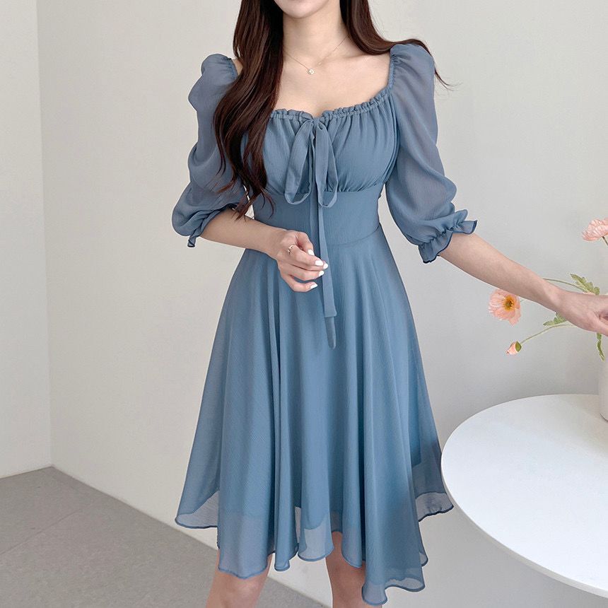 slim fit dress slacks Korean Style] Off-white Blue Flowy Chiffon Short Dress – Ordicle
