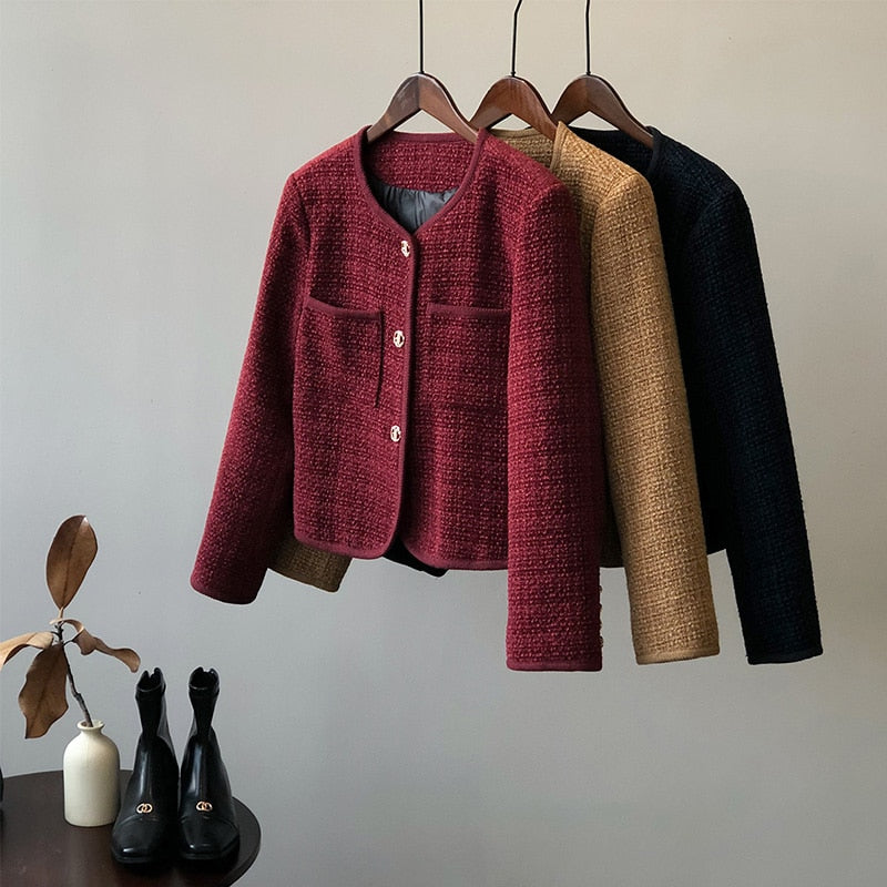 [Korean Style] Cotton Quilted Collarless Cropped Tweed Jacket