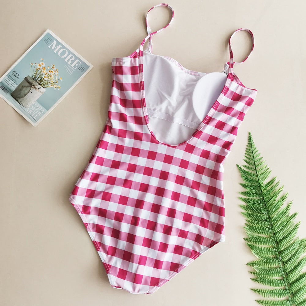 [Korean Style] Backless Gingham Pattern Plaid One Piece Swimsuit