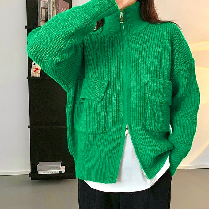 [Korean Style] 5 Colors Stand-Up Collar Zipper Turtleneck Knit Top w/ Pocket