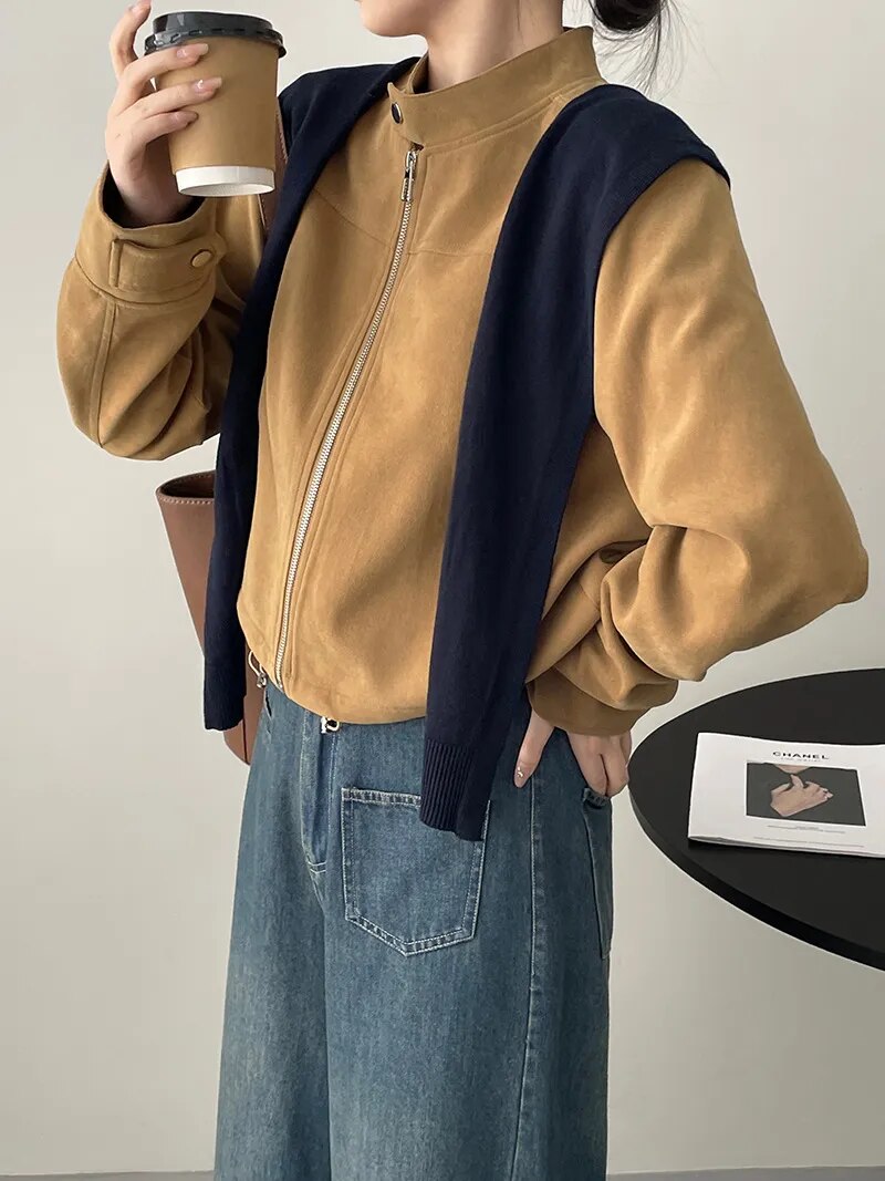 [Korean Style] Retro Stand Collar Drawstring Suede Zipper Short Jacket