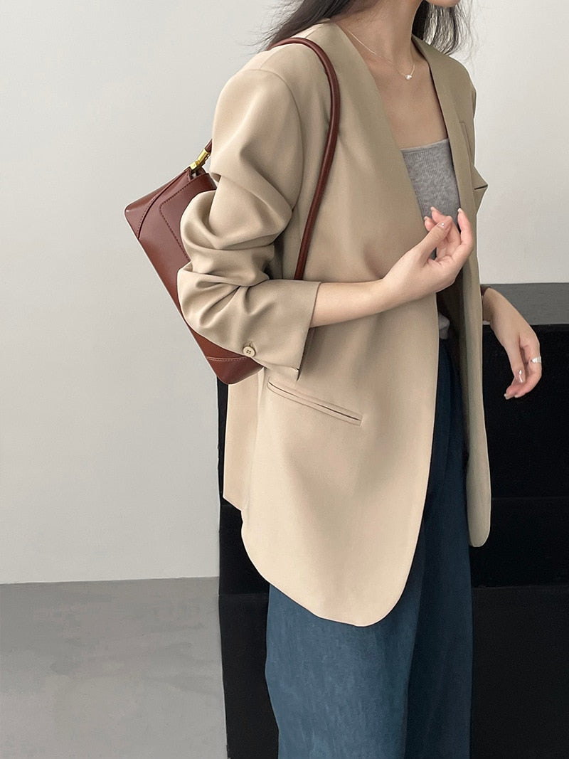 [Korean Style] High Quality Solid Color Straight Cut Collarless Blazer