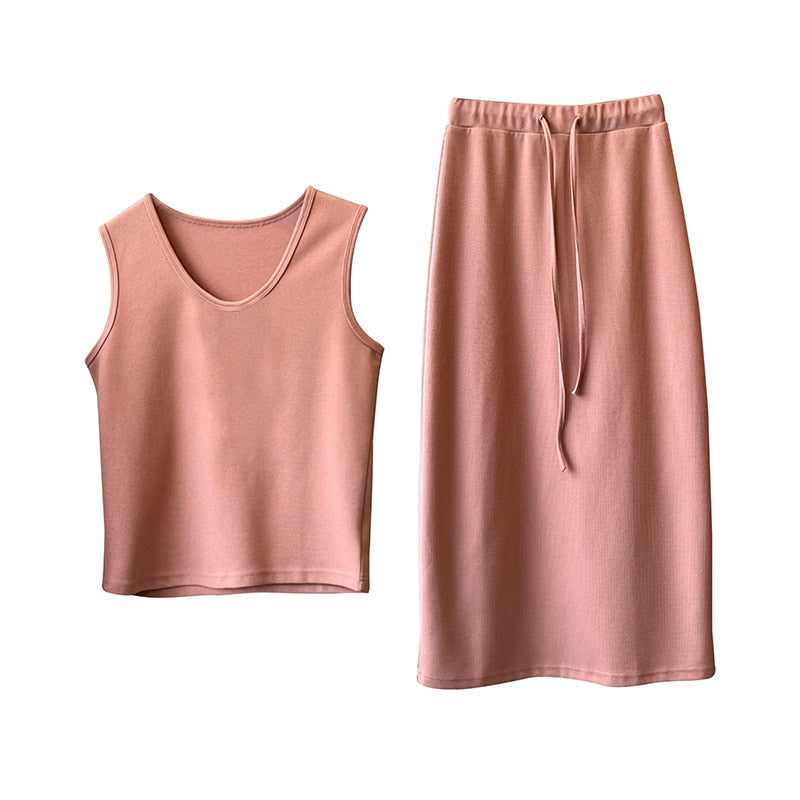 [Korean Style] Tank Top Drawstring Cinched Waist Skirt Co-ord 2 pc Set
