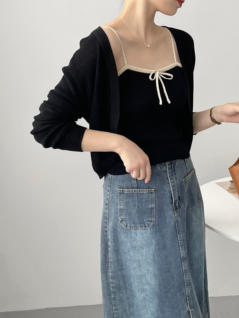 [Korean Style] Co-ord Cropped Cardigan Drawstring Knit Cami 2 pc Set