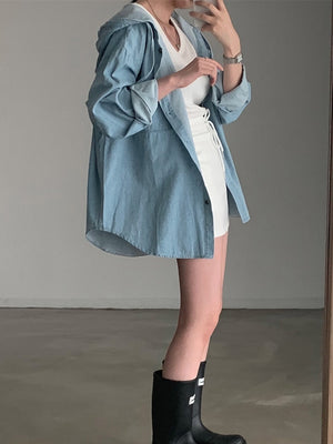 [Korean Style] Hooded Long Sleeve Denim Shirt Jacket