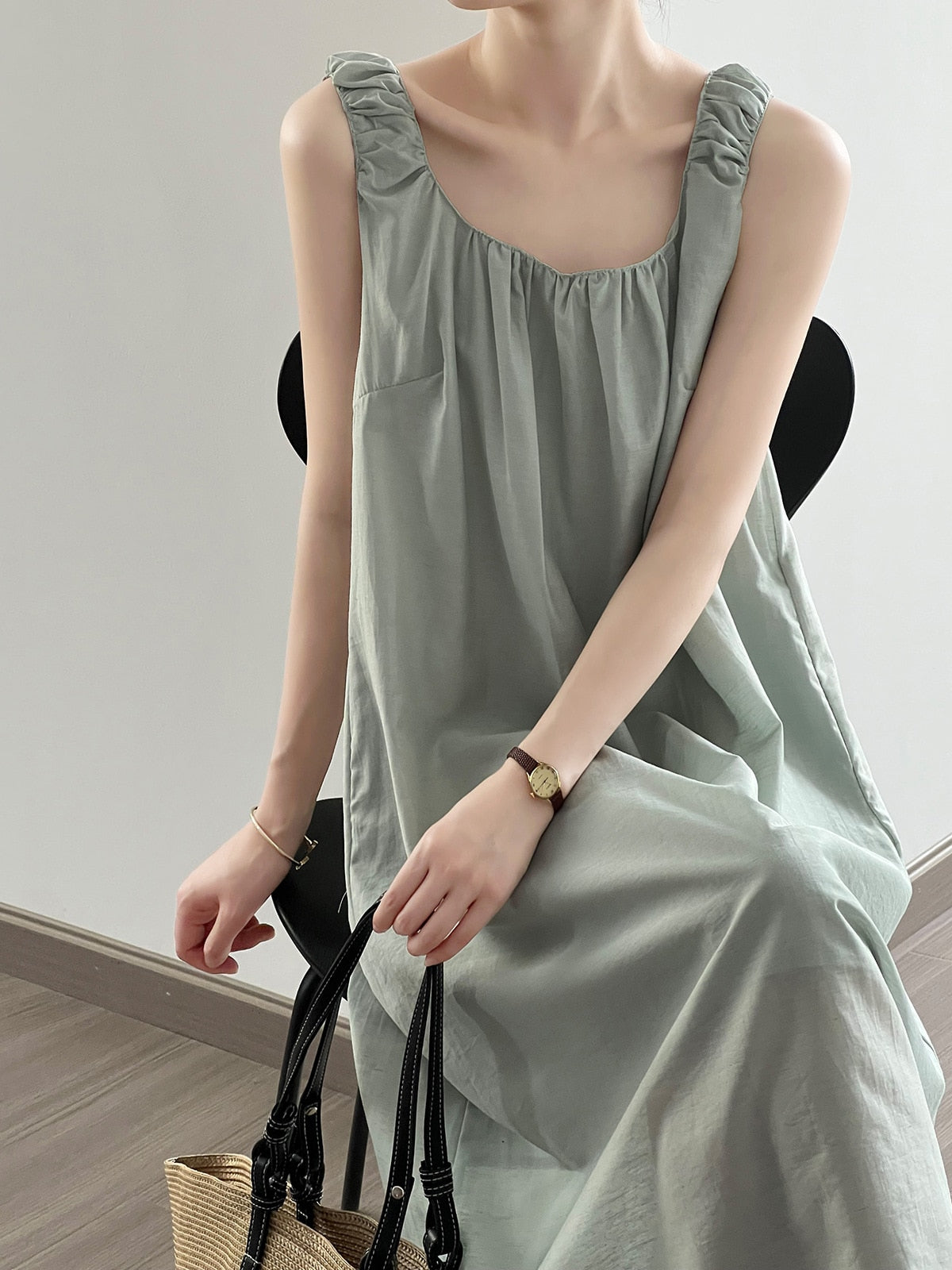 [Korean Style] U-neck Open Back Drawstring Loose Fit Midi Dress