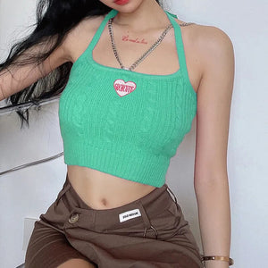 [Korean Style] 6 Colors Y2K Embroidery Chain Crop Halter Knit Top
