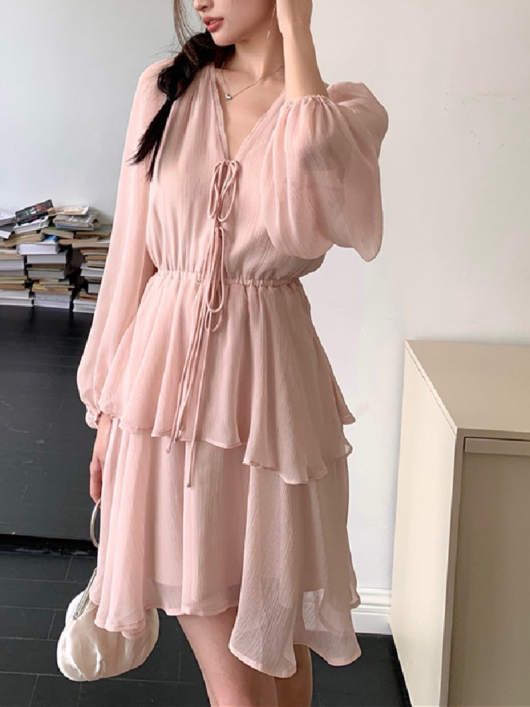 Korean Style] Pink Puff Sleeve Ruffled Chiffon Short Midi Dress – Ordicle