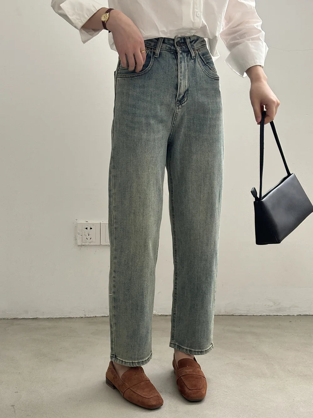 [Korean Style] 2 Colors High Waist Vintage Wash Straight Jeans