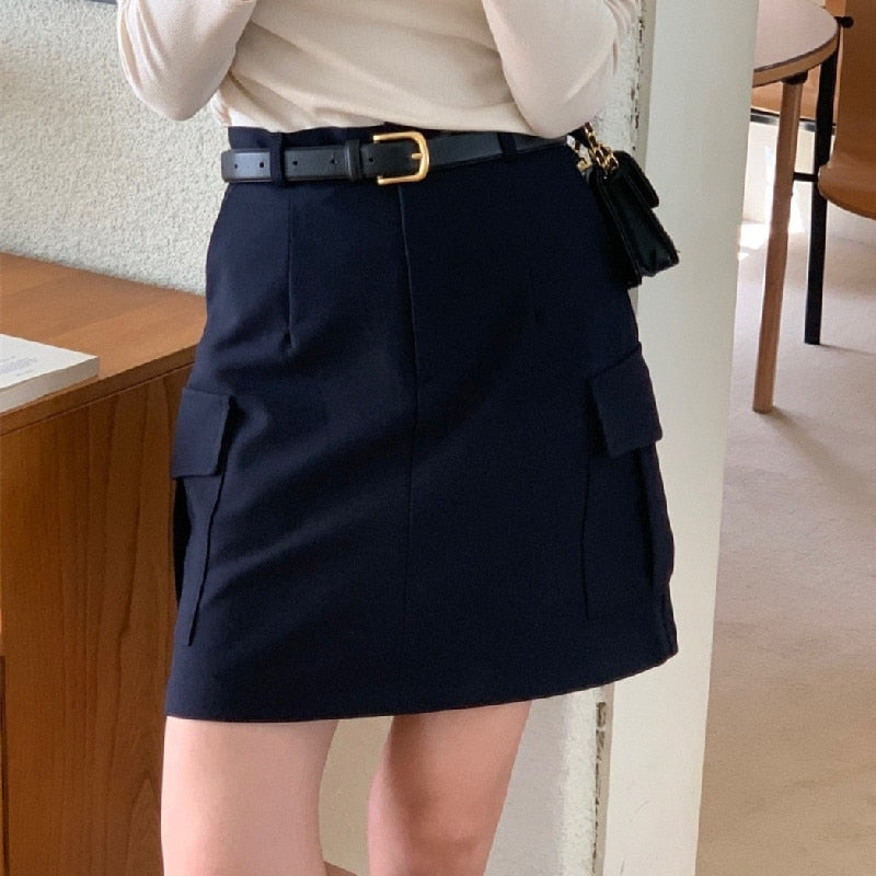 [Korean Style] High Waist Beige Black Cargo Pocket Short Skirt