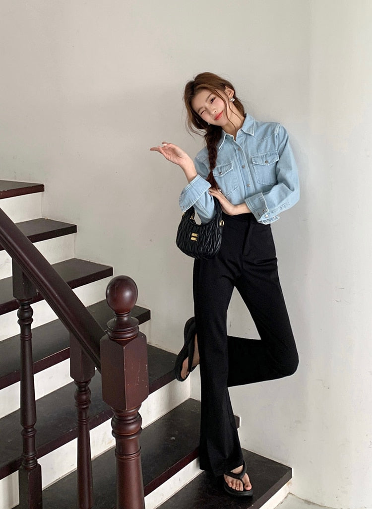 Slit Front Black Flare Pants for Women Trousers Korean Style