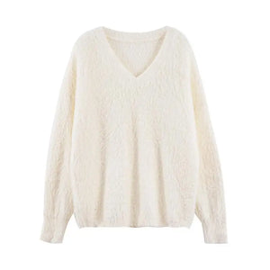 [Korean style] Solid Color Soft V-Neck Furry Sweater Pullover