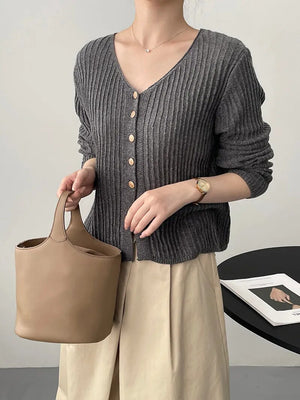 [Korean Style] V-neck Solid Color Crop Cardigan Knit Top