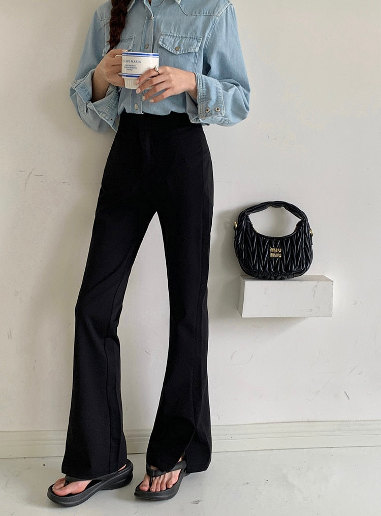 [Korean Style] Black High Waist Casual Slim Fit Flare Pants