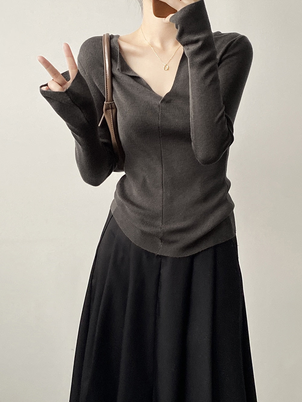 [Korean Style] Solid V-Neck Slim Fit Fine Knit Tops