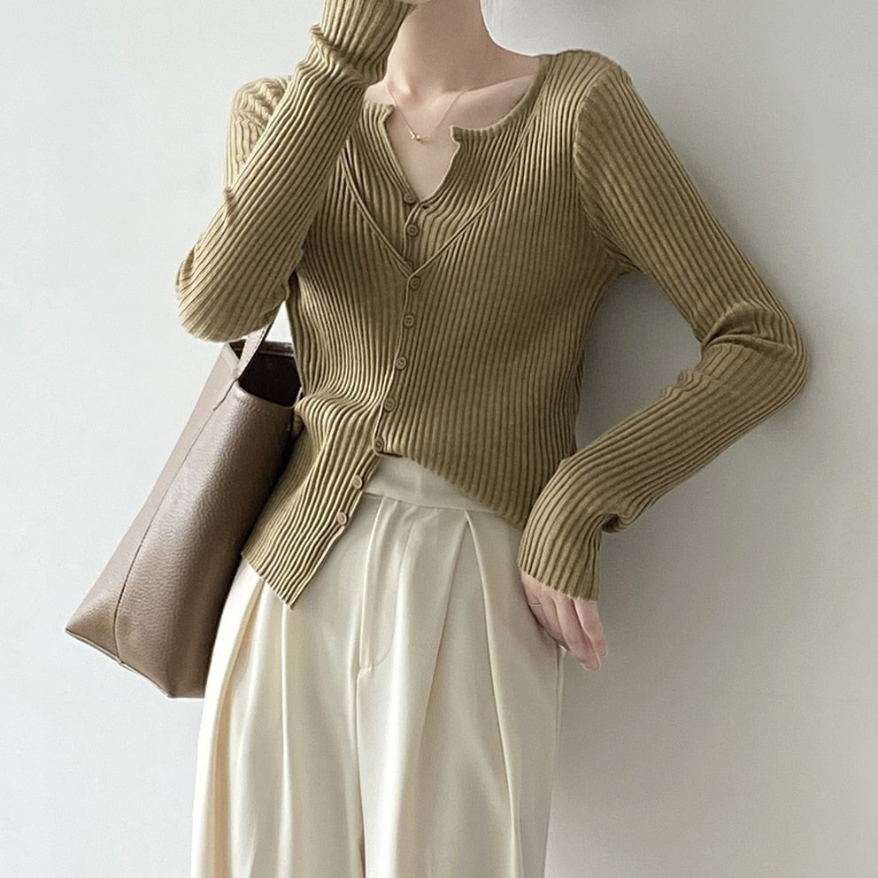 [Korean Style] V Neck Layered One piece Knit Top Cardigan