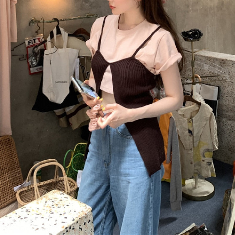 [Korean Style] Short Sleeve Crop Top Knit Camisole 2 Pc Set