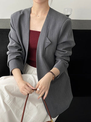 [Korean Style] High Quality Solid Color Straight Cut Collarless Blazer