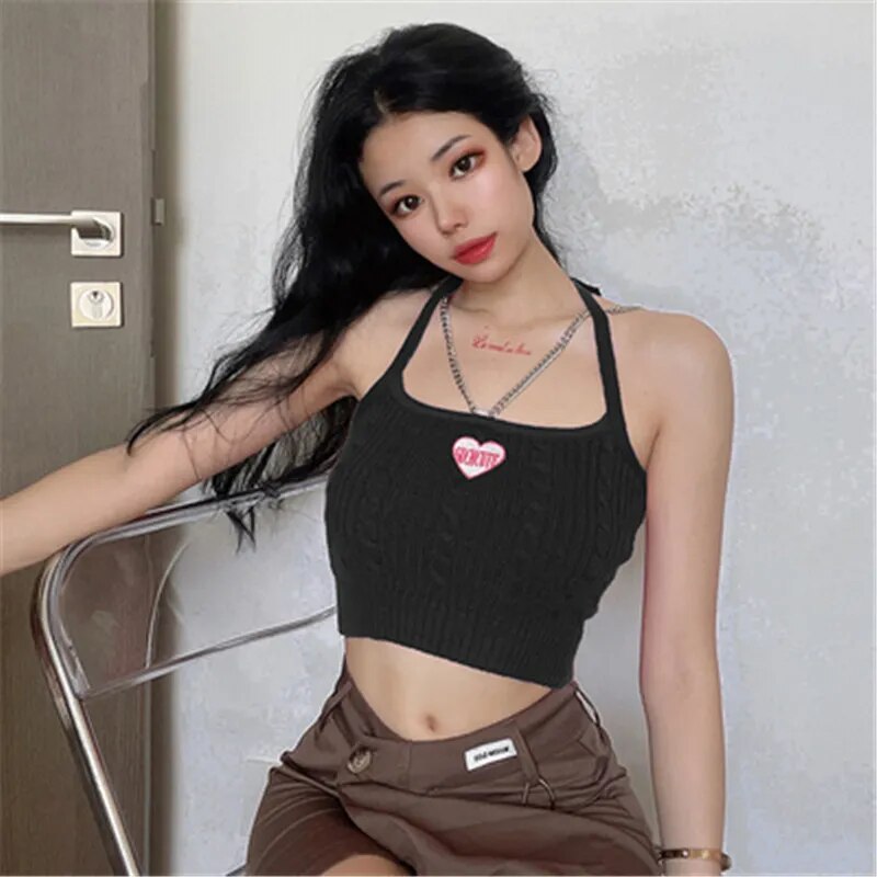 [Korean Style] 6 Colors Y2K Embroidery Chain Crop Halter Knit Top