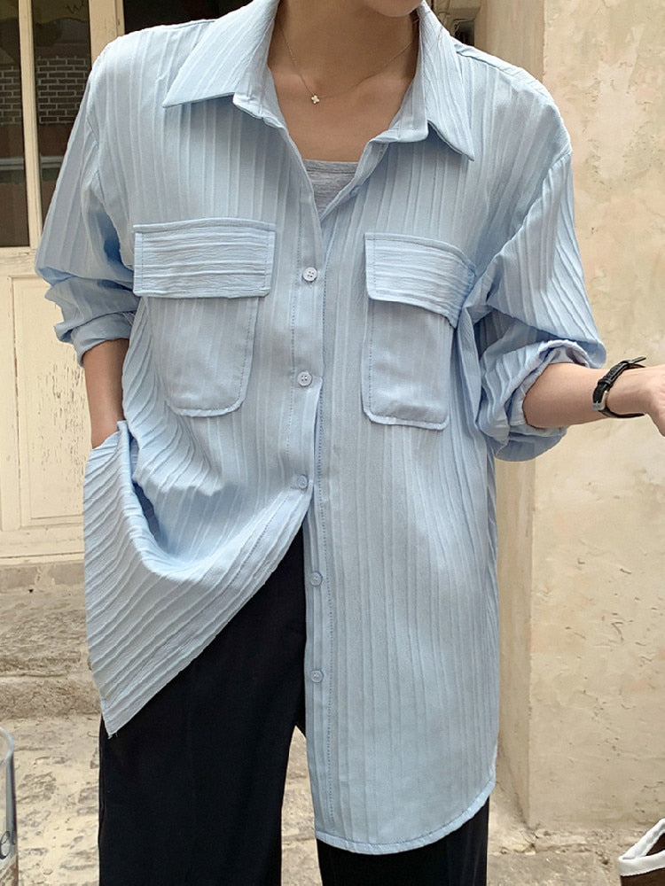 [Korean Style] Textured Long Sleeve Pocket Button Down Shirts