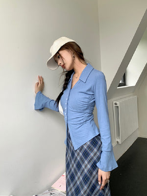 [Korean Style] Sky Blue Slim Fit Collared Button-down Top