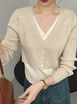 [Korean Style] V-neck Bi-color Layered Knit Top Cardigan