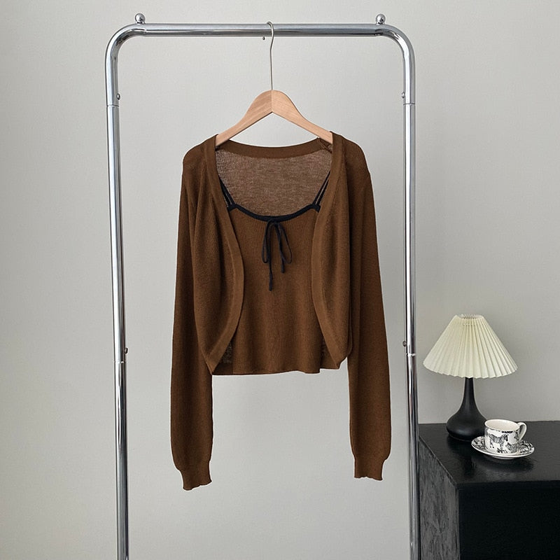[Korean Style] Co-ord Cropped Cardigan Drawstring Knit Cami 2 pc Set