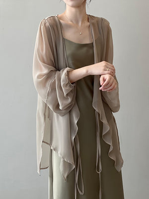 [Korean Style] Chiffon Ruffle Drawstring See-through Cover Shirts