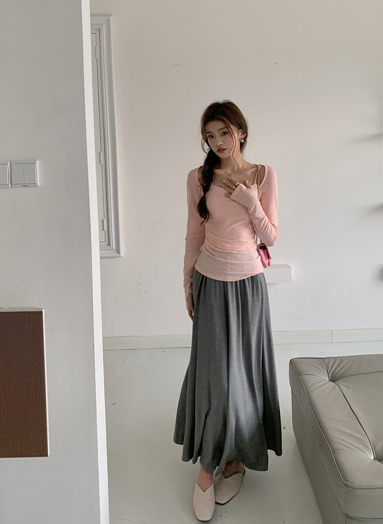 [Korean Style] 3 Colors Elastic Waisted A-line Maxi Skirt