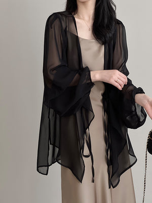 [Korean Style] Chiffon Ruffle Drawstring See-through Cover Shirts