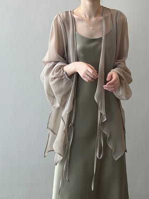 [Korean Style] Chiffon Ruffle Drawstring See-through Cover Shirts