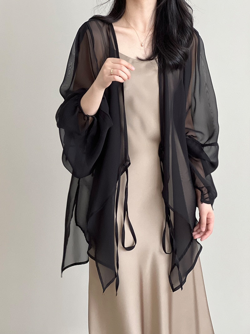 [Korean Style] Chiffon Ruffle Drawstring See-through Cover Shirts