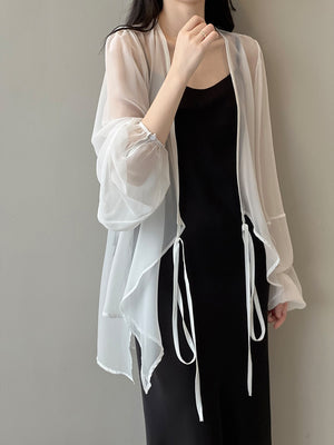 [Korean Style] Chiffon Ruffle Drawstring See-through Cover Shirts