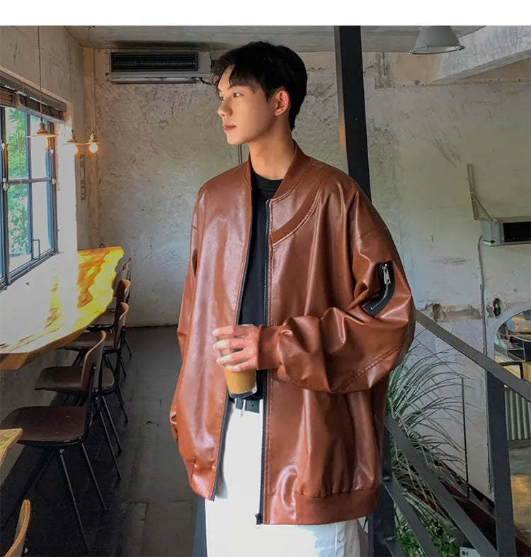 [Korean Style] 3 Colors Oversized PU Leather Bomber Jackets
