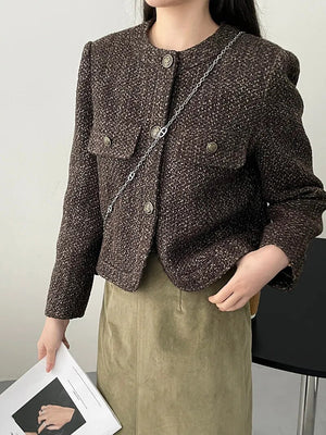 [Korean Style] High Quality Collarless Crop Tweed Jacket