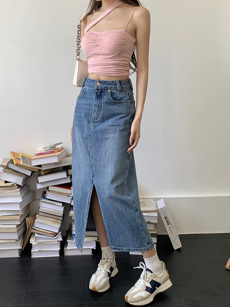 [Korean Style] High Rise Front Slit Denim Long Skirt