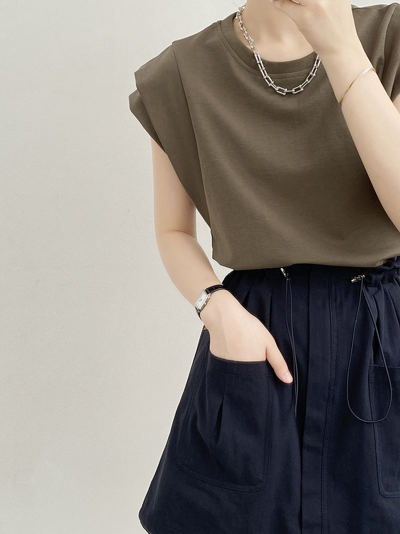 [Korean Style] Solid Color Round Neck Sleeveless Top