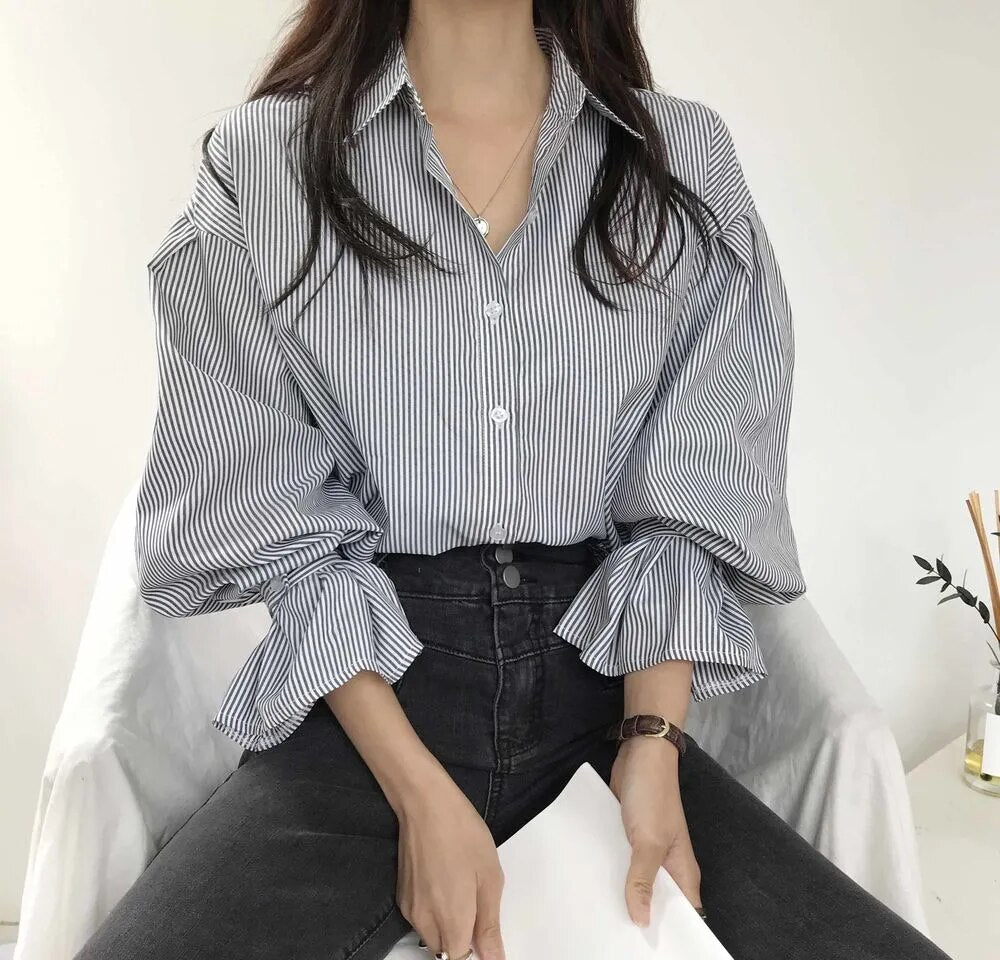 [Korean Style] Ruffled Sleeve Loose Fit Striped Shirts