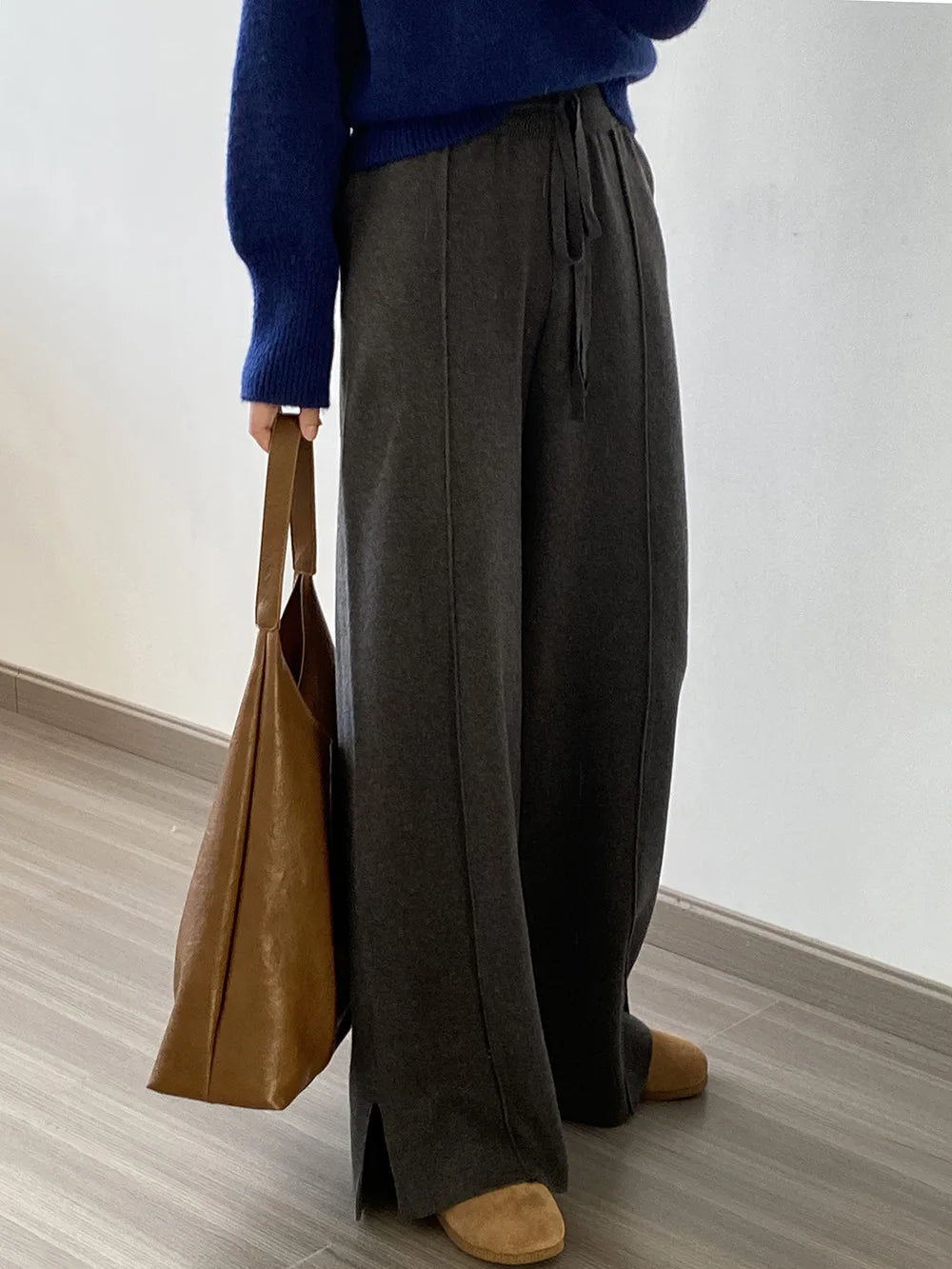 [Korean Style] High Quality Cozy Knitted Drawstring Wide Leg Pants w Slit