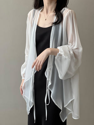 [Korean Style] Chiffon Ruffle Drawstring See-through Cover Shirts