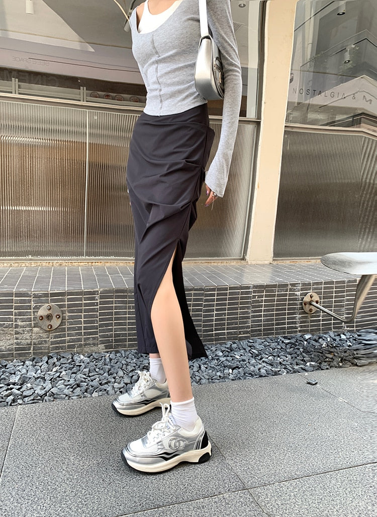 [Korean Style] 3 Colors High Waist Solid Color Maxi Cargo Skirt w/ Slit